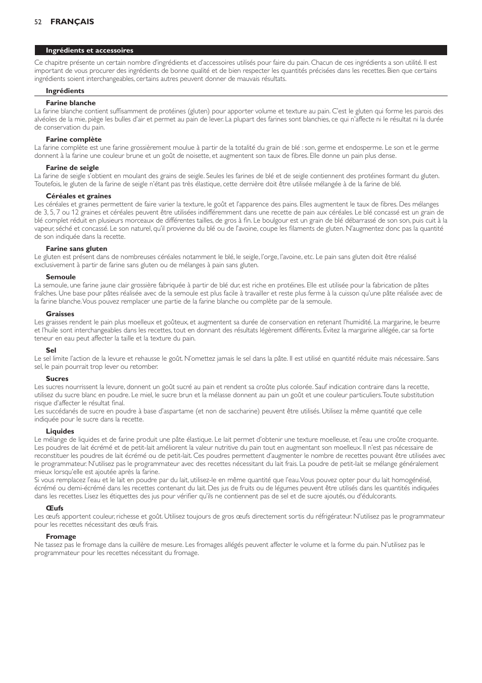 Semoule, Graisses, Sucres | Liquides, Œufs, Fromage, Levure de boulanger, Vérification de l’activité de la levure, Mélanges à pain, Mesure des ingrédients | Philips Viva Collection Brotbackautomat User Manual | Page 52 / 102