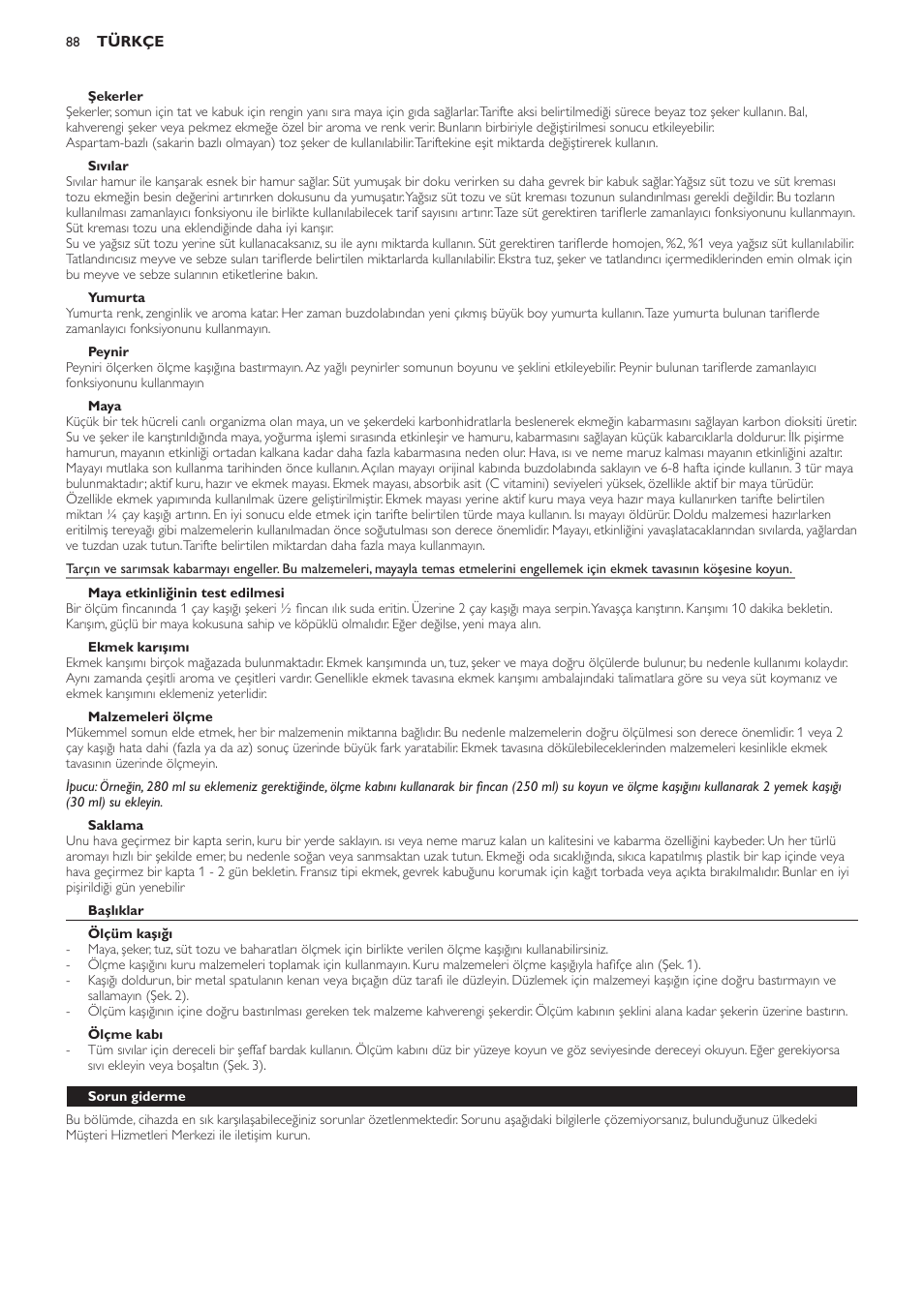 Şekerler, Sıvılar, Yumurta | Peynir, Maya, Maya etkinliğinin test edilmesi, Ekmek karışımı, Malzemeleri ölçme, Saklama, Başlıklar | Philips Viva Collection Brotbackautomat User Manual | Page 88 / 102
