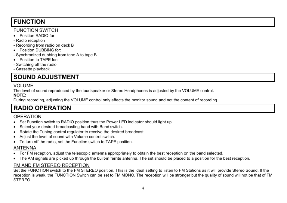 Function, Sound adjustment, Radio operation | Hyundai H-2206 User Manual | Page 4 / 16