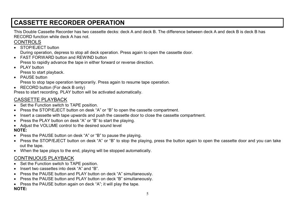 Cassette recorder operation | Hyundai H-2206 User Manual | Page 5 / 16