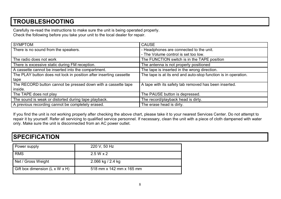 Troubleshooting, Specification | Hyundai H-2206 User Manual | Page 8 / 16