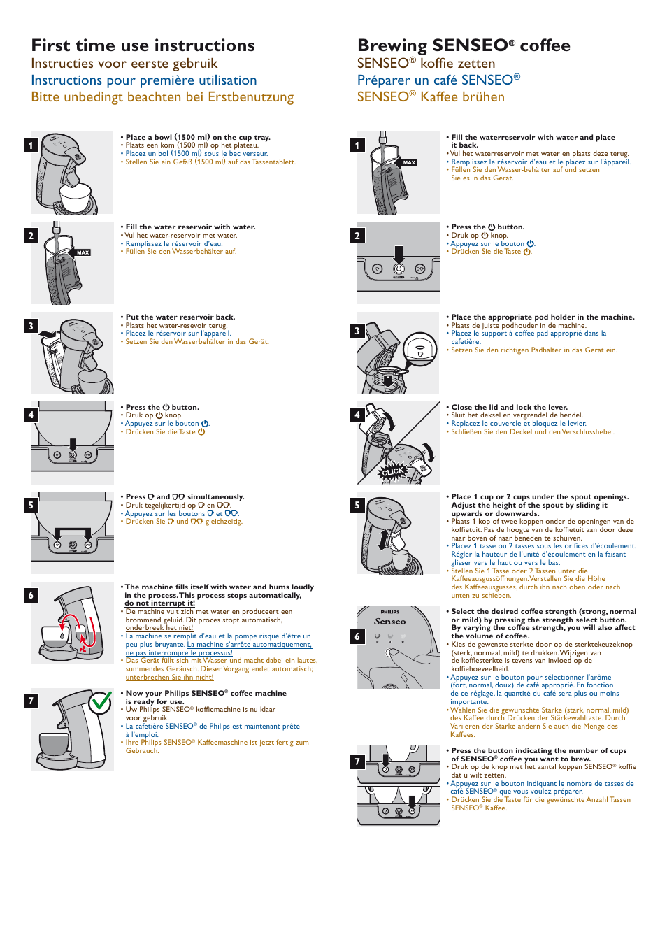 First time use instructions, Brewing senseo, Coffee | Senseo, Koffie zetten préparer un café senseo, Kaffee brühen | Philips SENSEO® Viva Café Premium Kaffeepadmaschine User Manual | Page 2 / 2