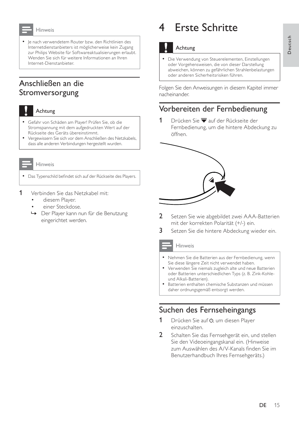 4 erste schritte, Vorbereiten der fernbedienung, Suchen des fernseheingangs | Anschließen an die stromversorgung | Philips 8000 series Blu-ray Disc-Player User Manual | Page 14 / 59