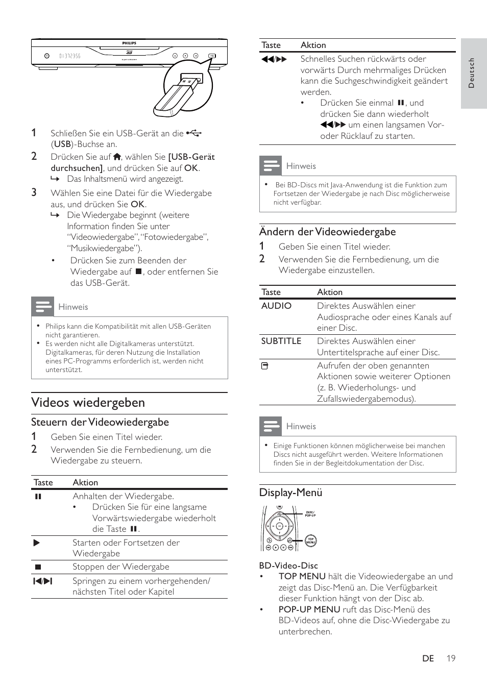 Videos wiedergeben | Philips 8000 series Blu-ray Disc-Player User Manual | Page 18 / 59