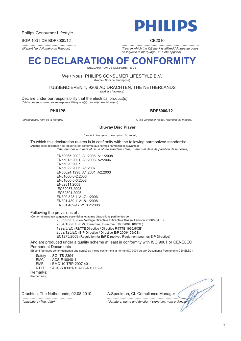 Ec declaration of conformity | Philips 8000 series Blu-ray Disc-Player User Manual | Page 2 / 59