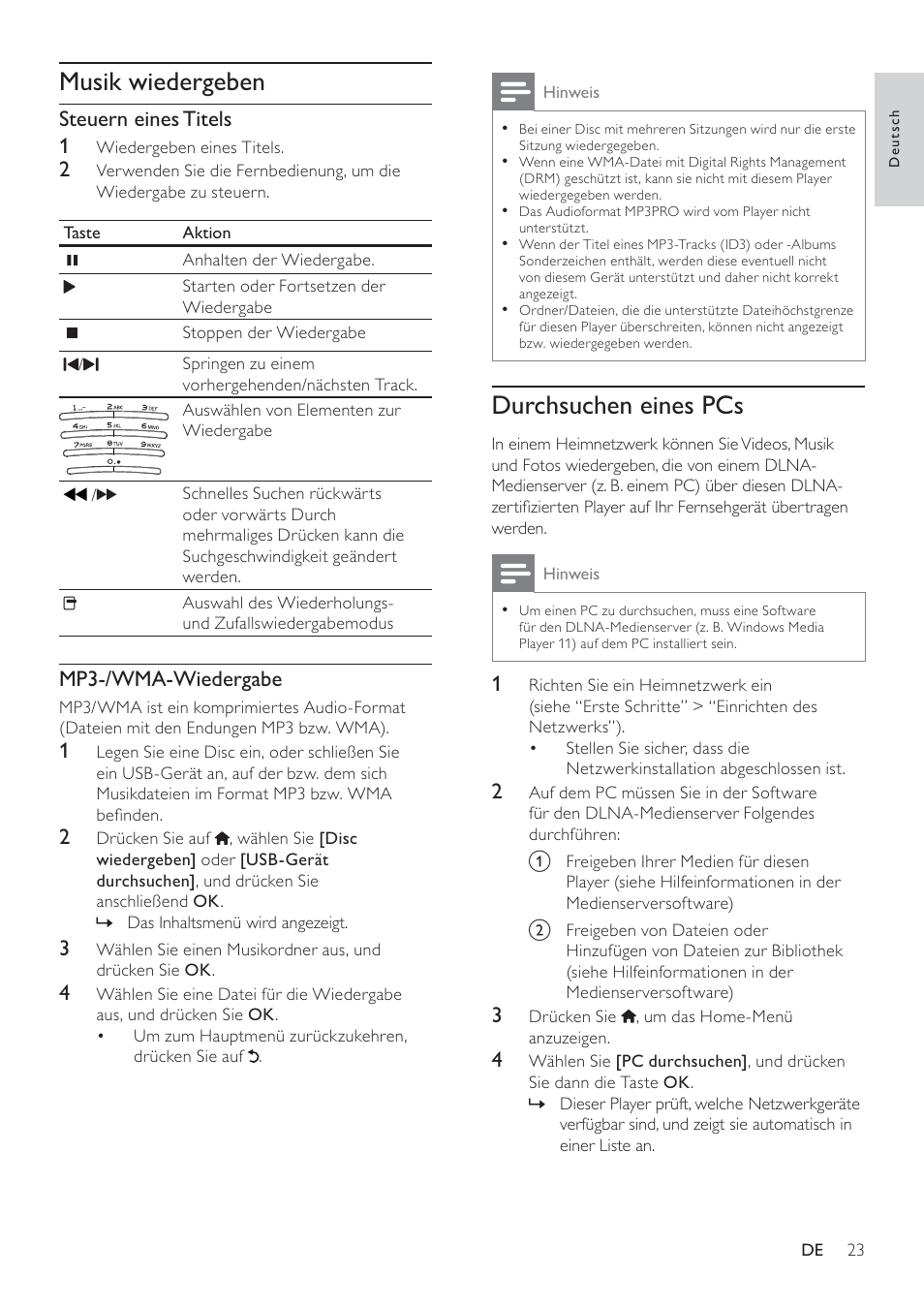 Durchsuchen eines pcs, Musik wiedergeben | Philips 8000 series Blu-ray Disc-Player User Manual | Page 22 / 59