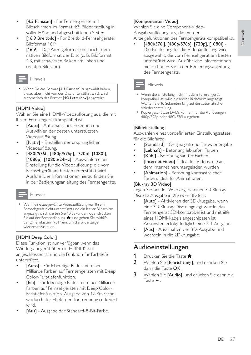 Audioeinstellungen | Philips 8000 series Blu-ray Disc-Player User Manual | Page 26 / 59