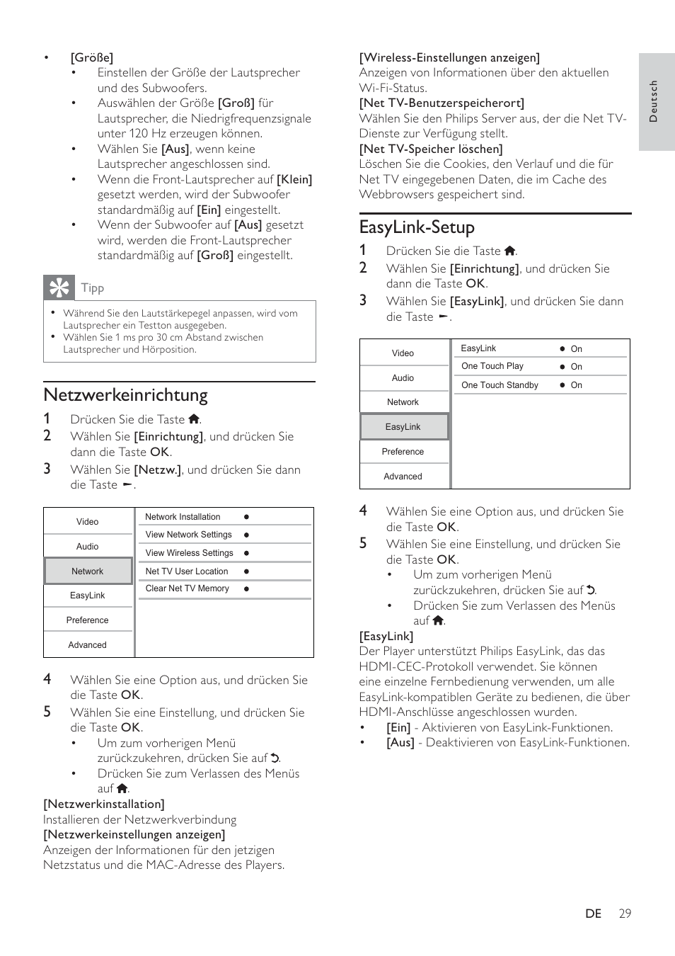 Easylink-setup, Netzwerkeinrichtung | Philips 8000 series Blu-ray Disc-Player User Manual | Page 28 / 59