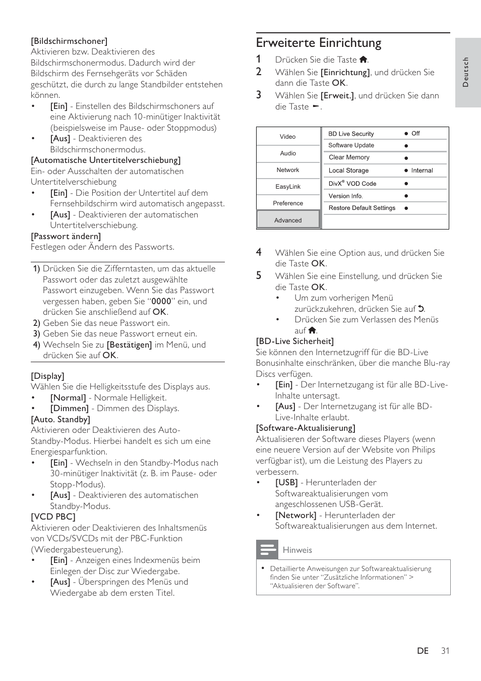 Erweiterte einrichtung | Philips 8000 series Blu-ray Disc-Player User Manual | Page 30 / 59