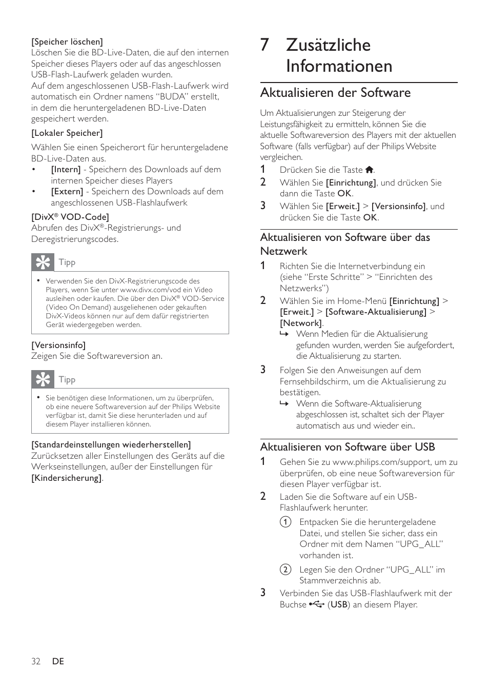 7 zusätzliche informationen, Aktualisieren der software, Aktualisieren von software über das netzwerk 1 | Aktualisieren von software über usb 1 | Philips 8000 series Blu-ray Disc-Player User Manual | Page 31 / 59