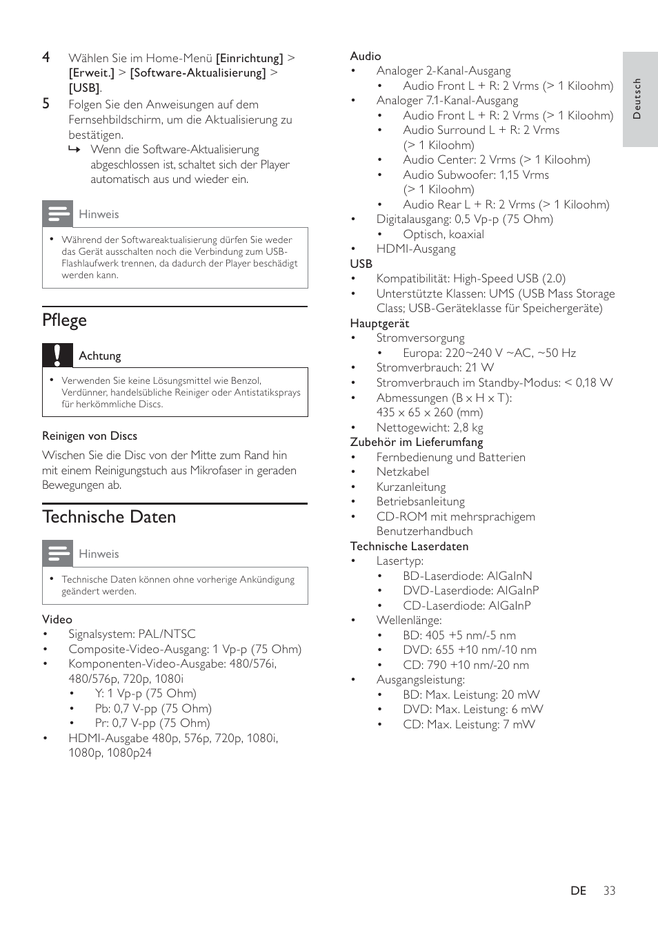 Pﬂege, Technische daten | Philips 8000 series Blu-ray Disc-Player User Manual | Page 32 / 59