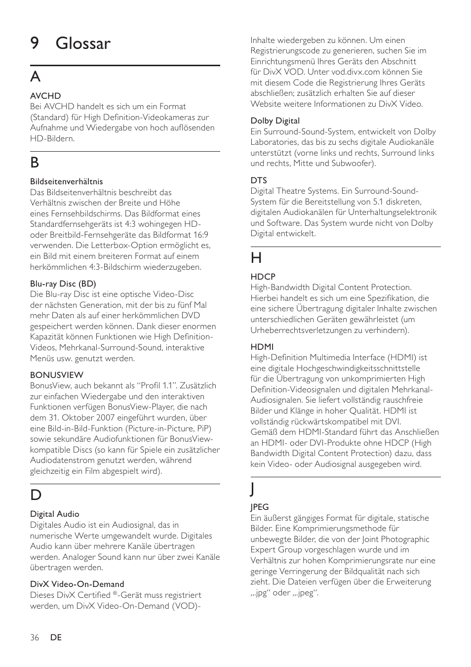 9 glossar | Philips 8000 series Blu-ray Disc-Player User Manual | Page 35 / 59