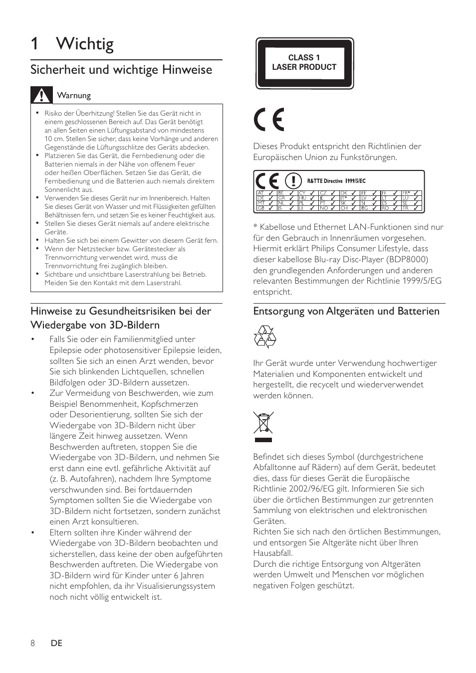 1 wichtig | Philips 8000 series Blu-ray Disc-Player User Manual | Page 7 / 59