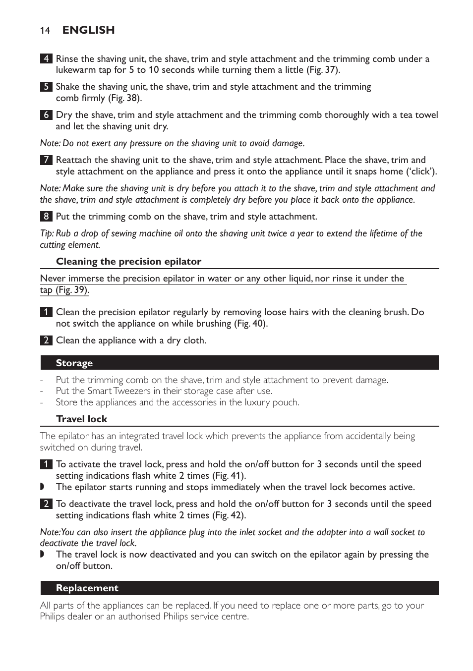 Cleaning the precision epilator, Storage, Travel lock | Philips SatinPerfect Epilierer User Manual | Page 14 / 120