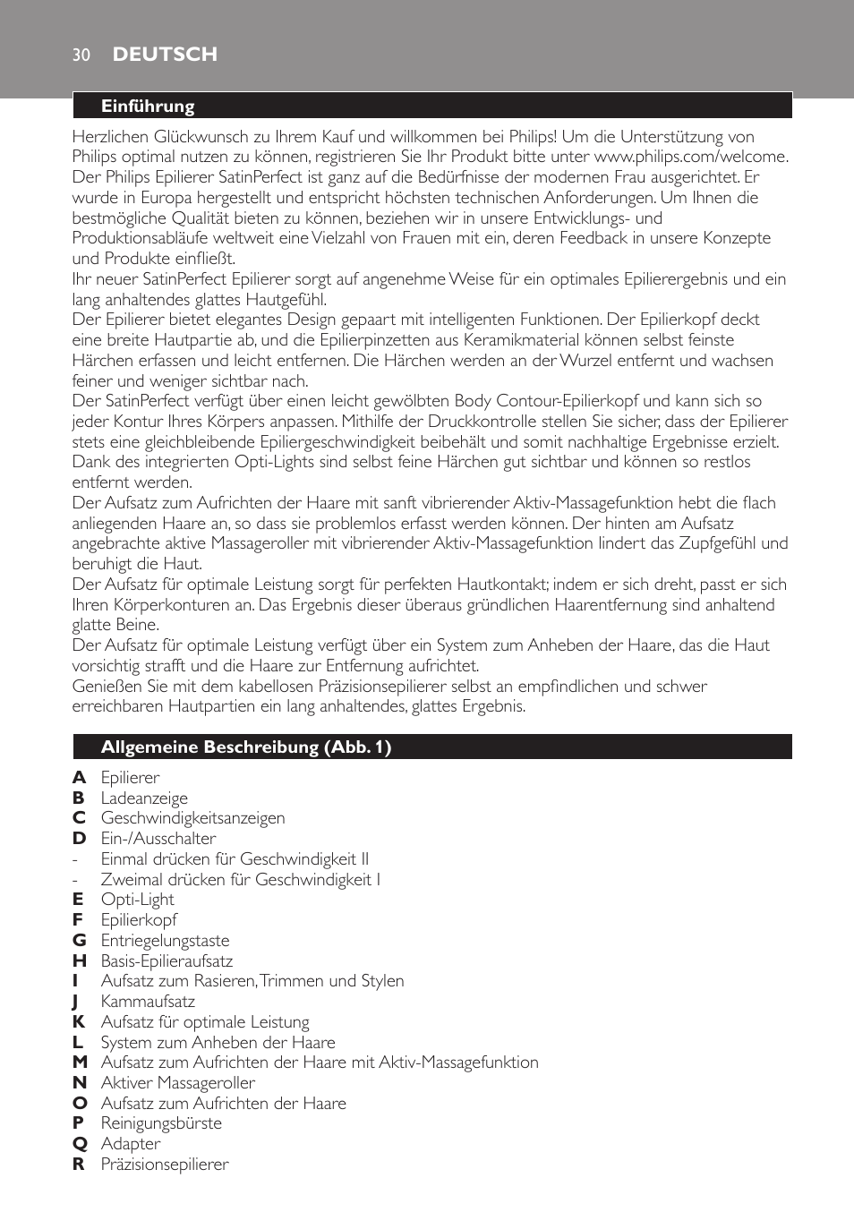 Deutsch, Einführung, Allgemeine beschreibung (abb. 1) | Philips SatinPerfect Epilierer User Manual | Page 30 / 120