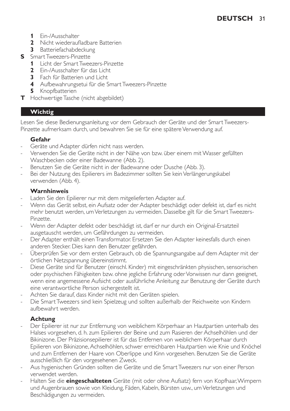 Gefahr, Warnhinweis, Achtung | Wichtig | Philips SatinPerfect Epilierer User Manual | Page 31 / 120