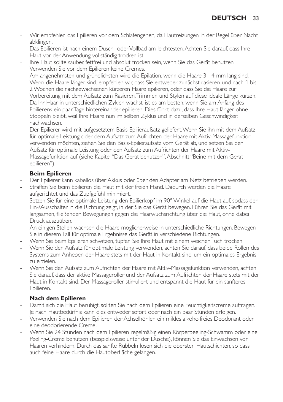Bevor sie mit dem epilieren beginnen, Beim epilieren, Nach dem epilieren | Tipps zum epilieren | Philips SatinPerfect Epilierer User Manual | Page 33 / 120