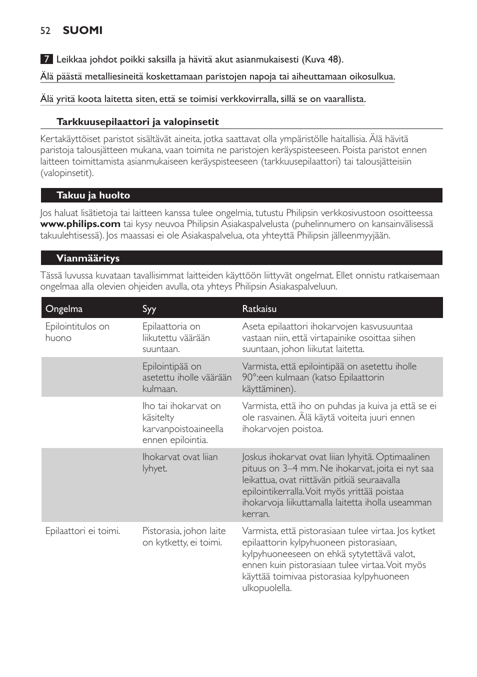 Tarkkuusepilaattori ja valopinsetit, Takuu ja huolto, Vianmääritys | Philips SatinPerfect Epilierer User Manual | Page 52 / 120