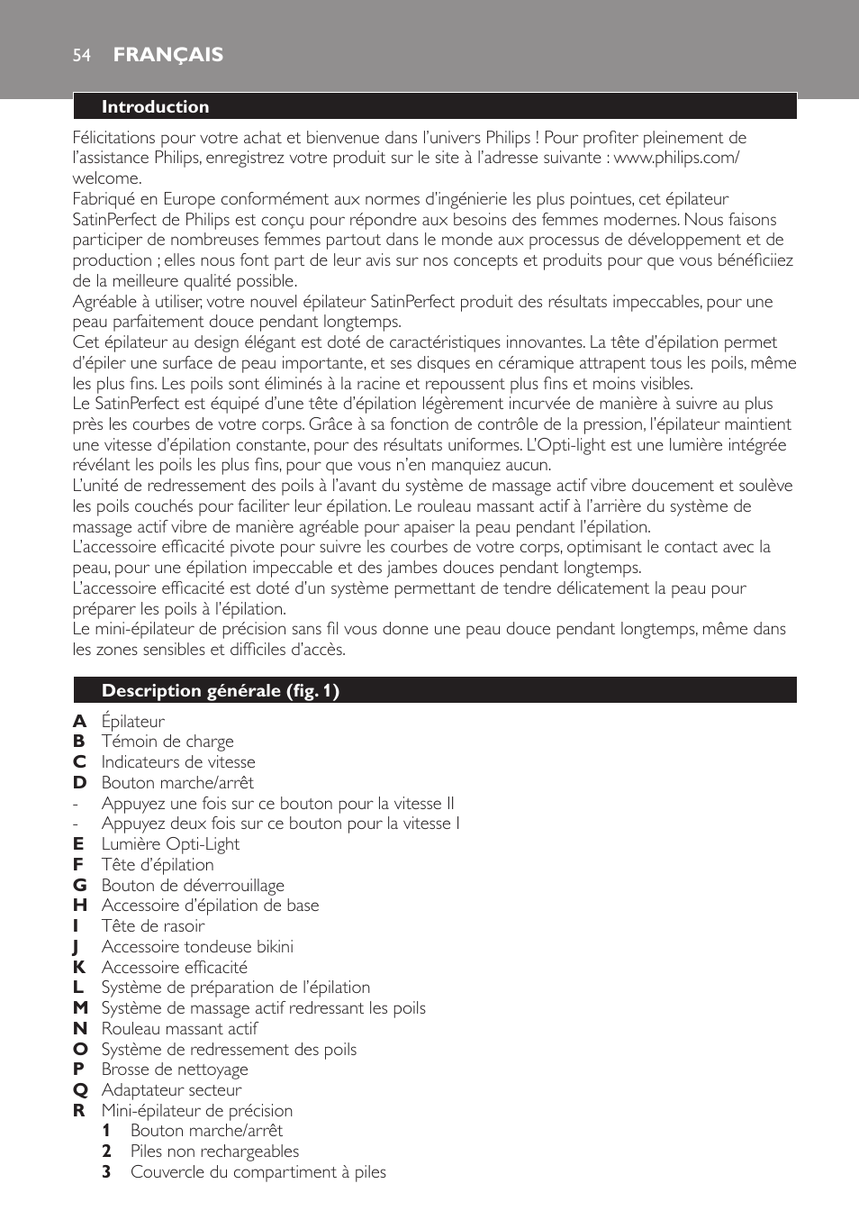 Français, Introduction, Description générale (fig. 1) | Philips SatinPerfect Epilierer User Manual | Page 54 / 120