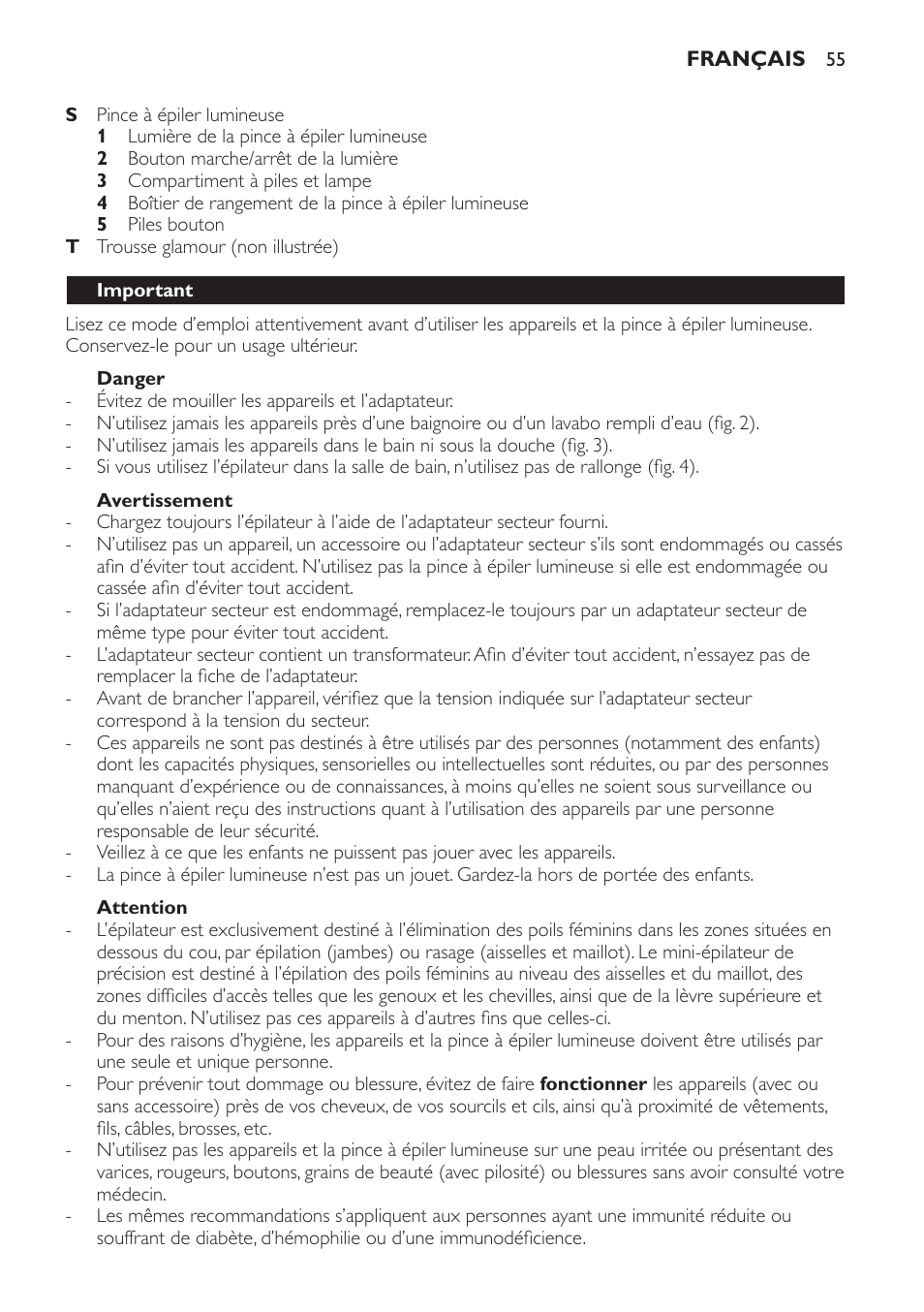 Danger, Avertissement, Attention | Important | Philips SatinPerfect Epilierer User Manual | Page 55 / 120