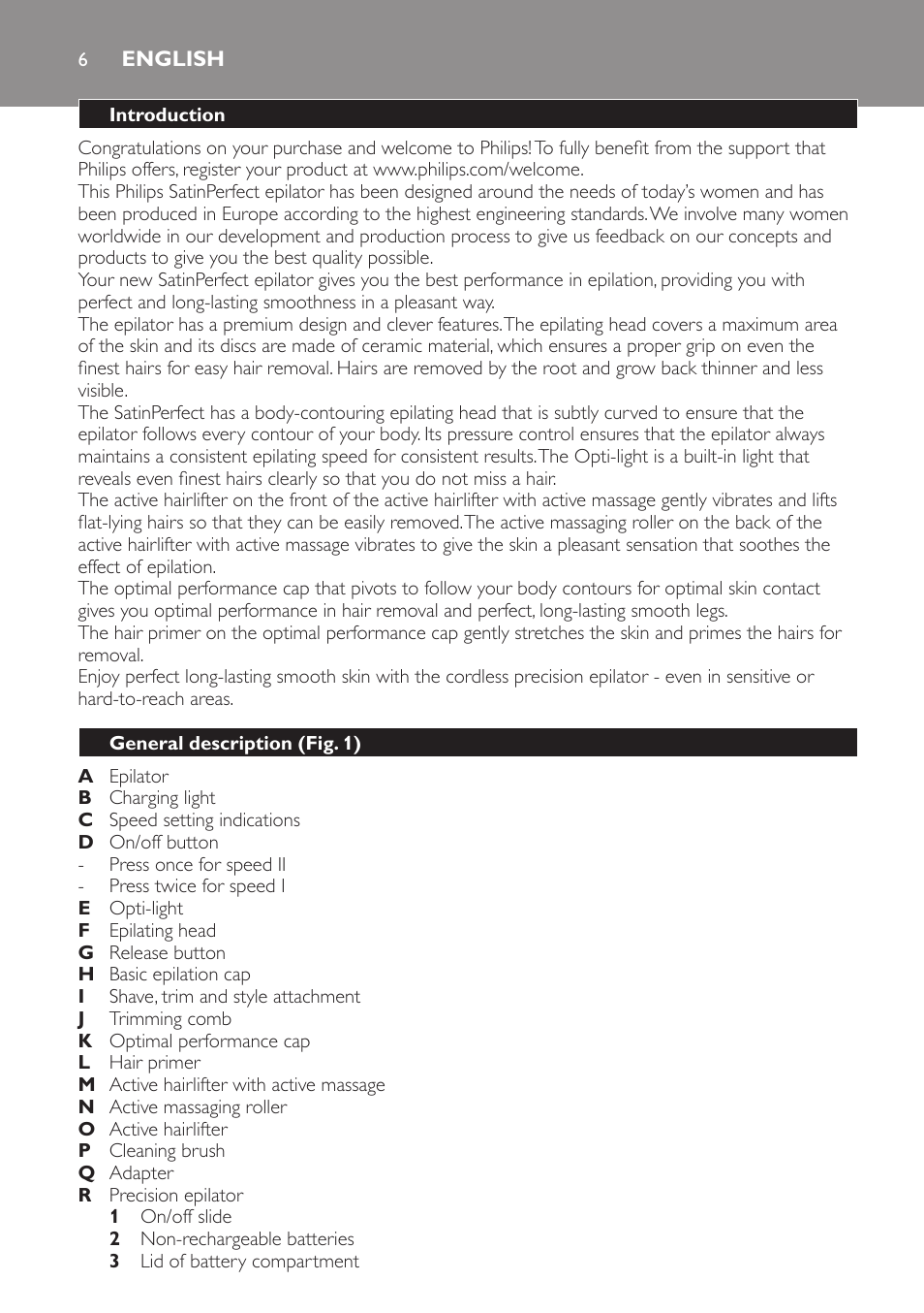 English, Introduction, General description (fig. 1) | Philips SatinPerfect Epilierer User Manual | Page 6 / 120