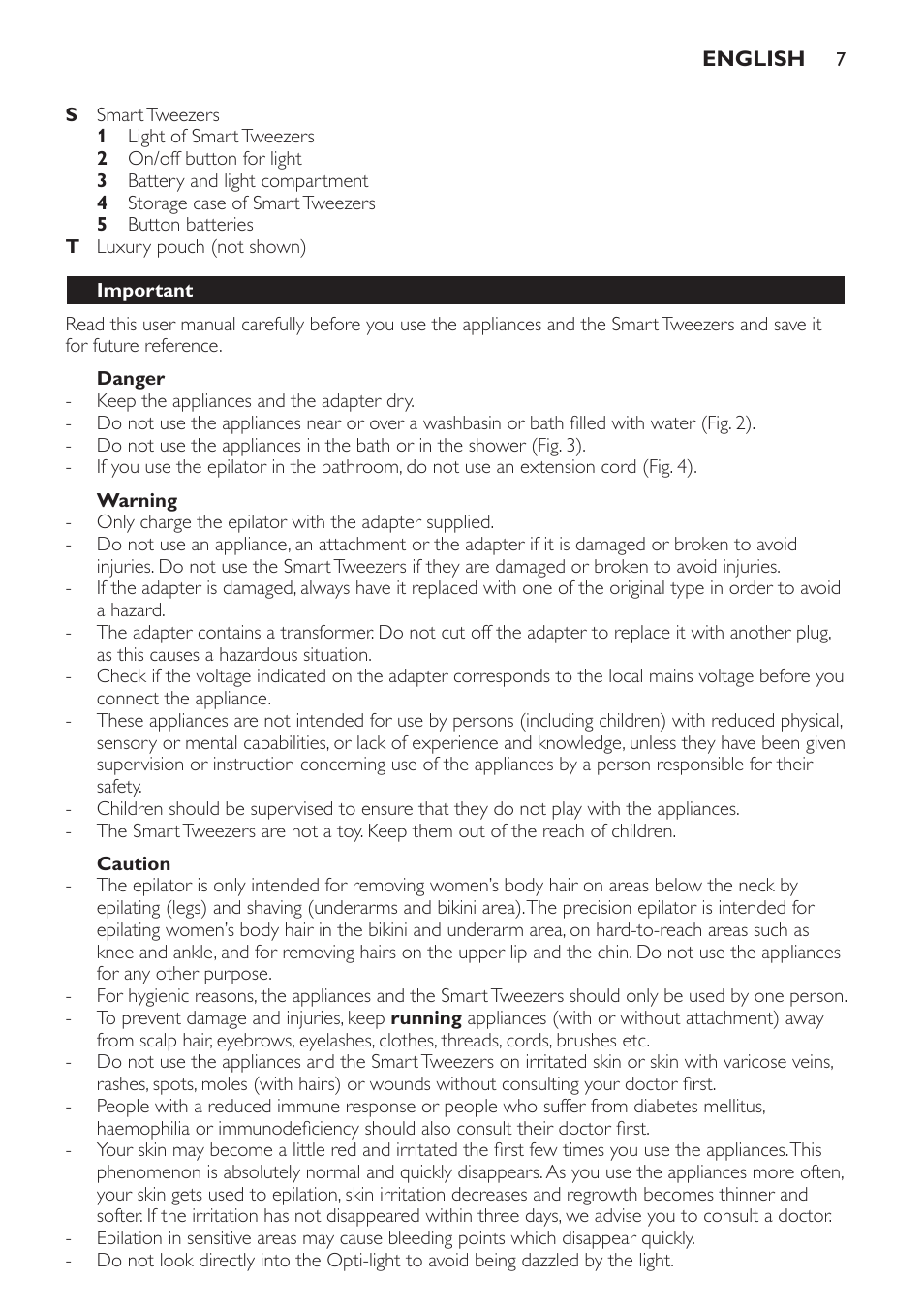 Important, Danger, Warning | Caution | Philips SatinPerfect Epilierer User Manual | Page 7 / 120