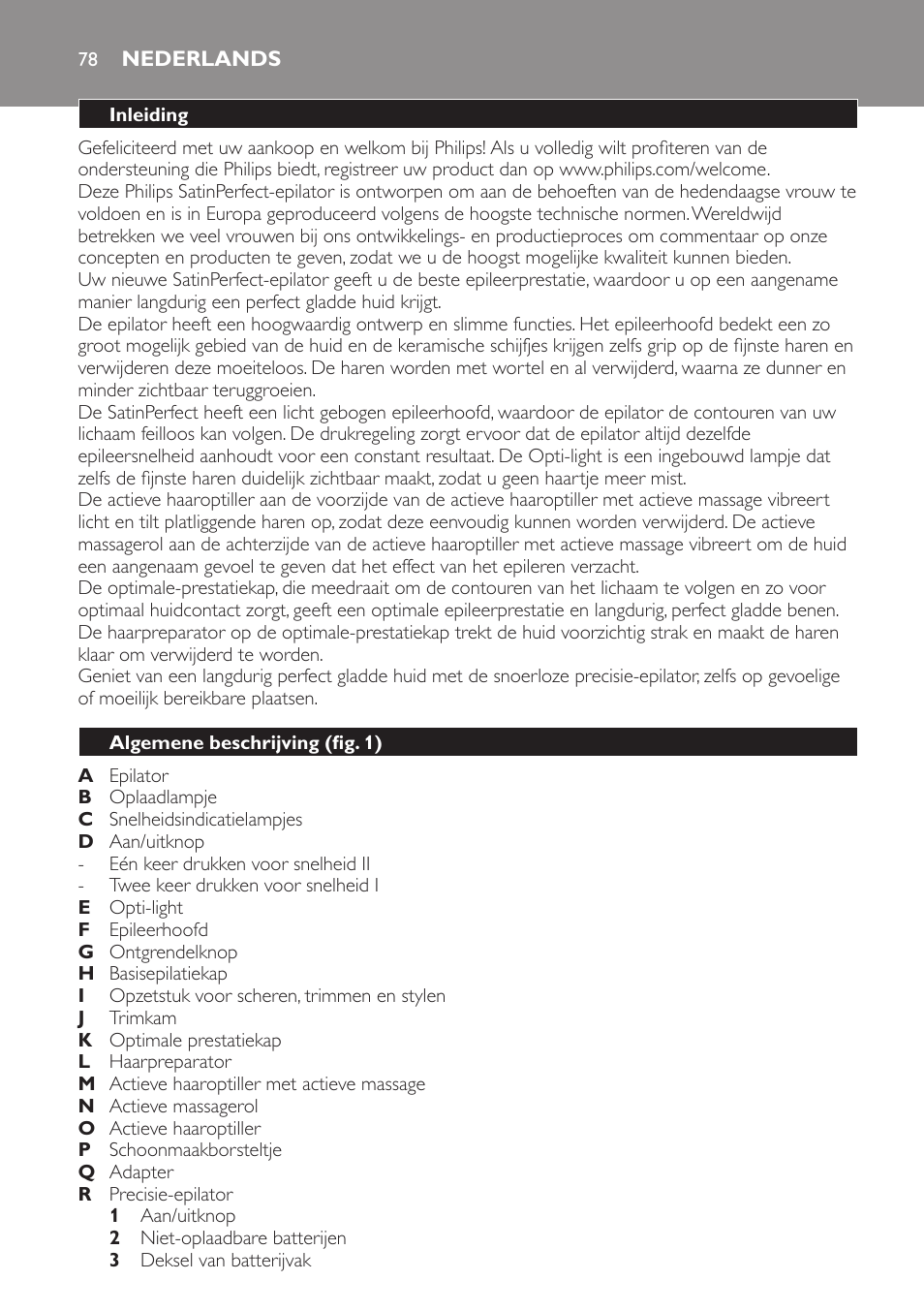 Nederlands, Inleiding, Algemene beschrijving (fig. 1) | Philips SatinPerfect Epilierer User Manual | Page 78 / 120
