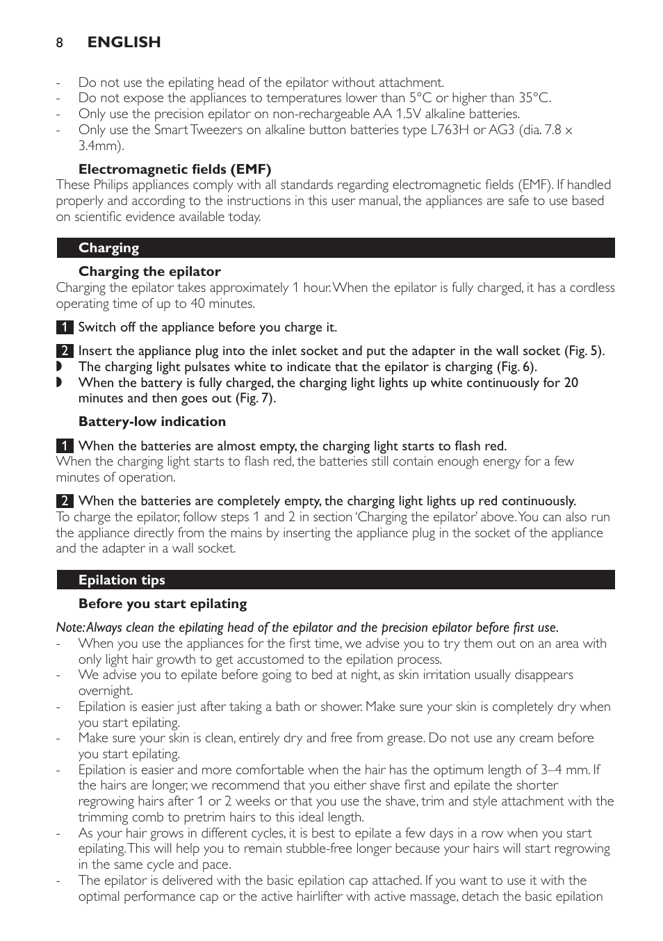 Electromagnetic fields (emf), Charging, Charging the epilator | Battery-low indication, Epilation tips, Before you start epilating | Philips SatinPerfect Epilierer User Manual | Page 8 / 120