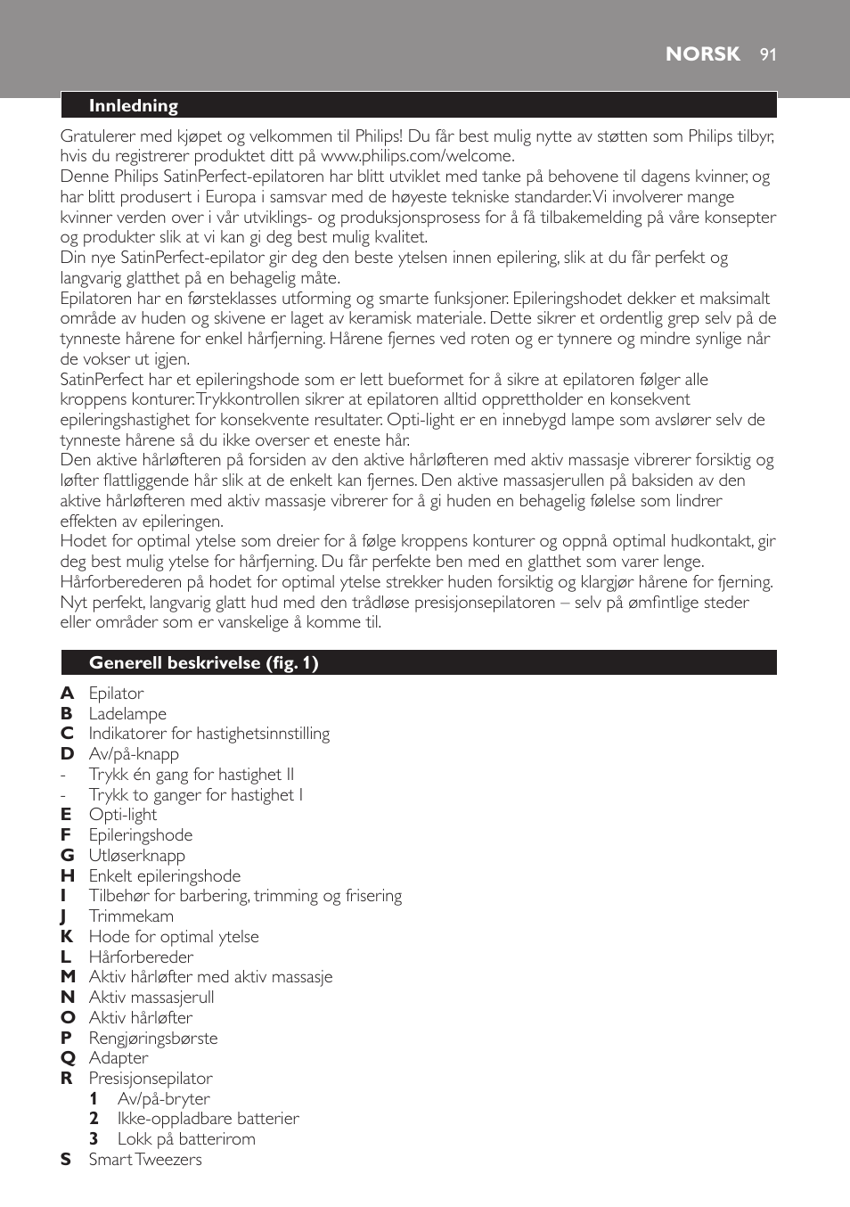 Norsk, Innledning, Generell beskrivelse (fig. 1) | Philips SatinPerfect Epilierer User Manual | Page 91 / 120