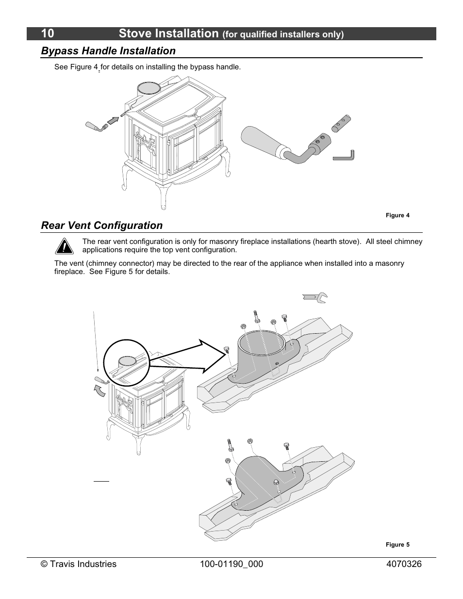 10 stove installation, Bypass handle installation, Rear vent configuration | Avalon Stoves Arbor User Manual | Page 10 / 38