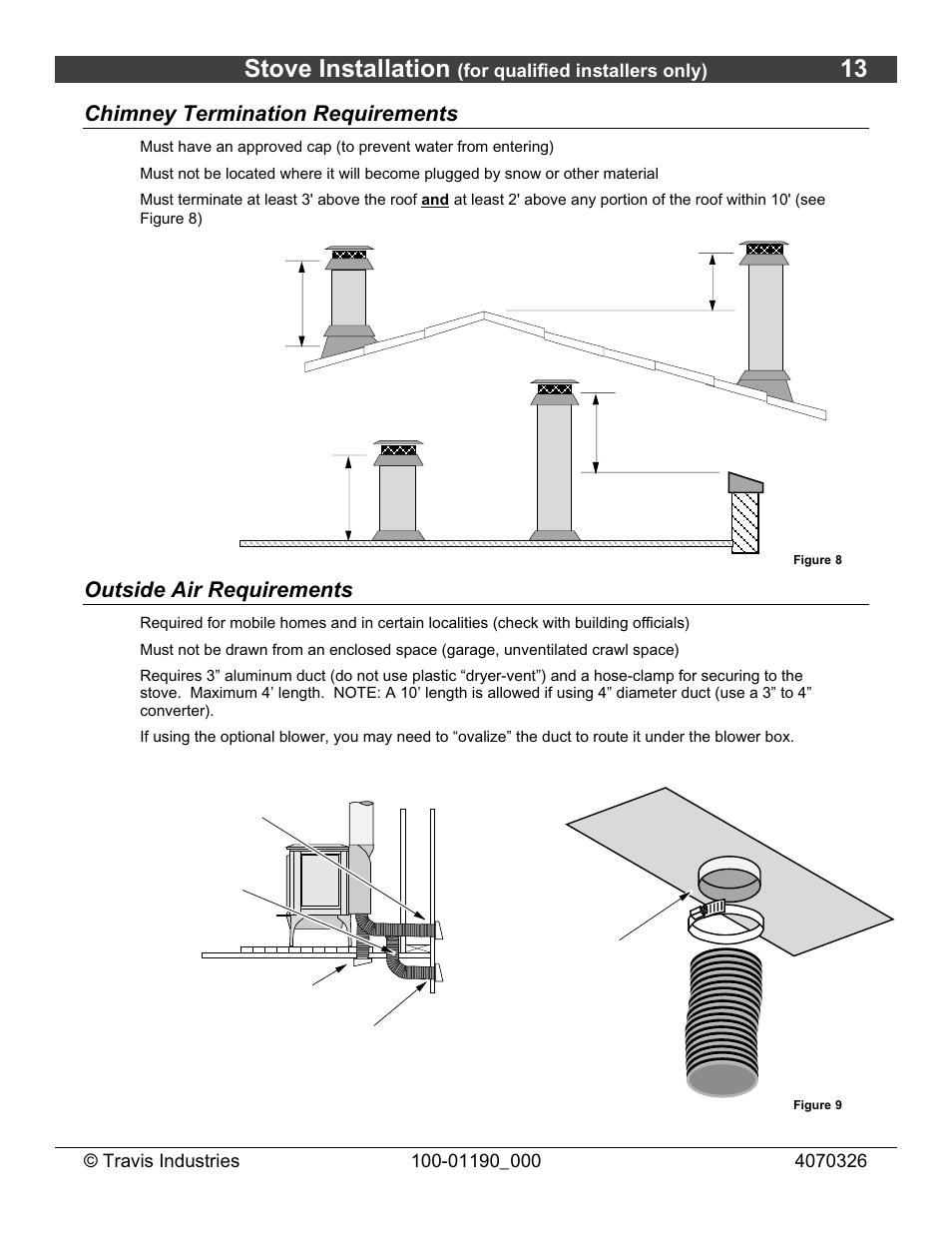 Stove installation, Chimney termination requirements, Outside air requirements | Avalon Stoves Arbor User Manual | Page 13 / 38