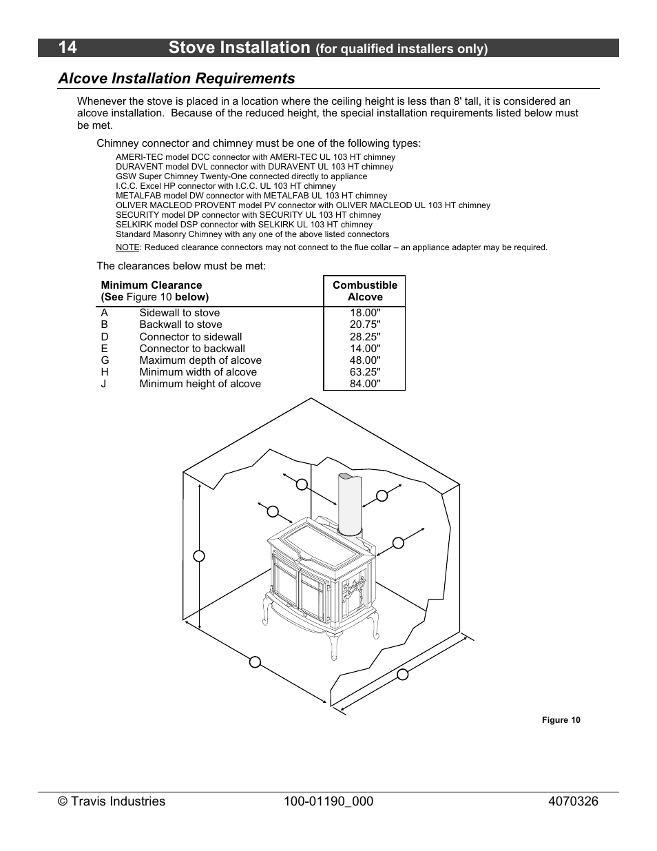 14 stove installation, Alcove installation requirements | Avalon Stoves Arbor User Manual | Page 14 / 38