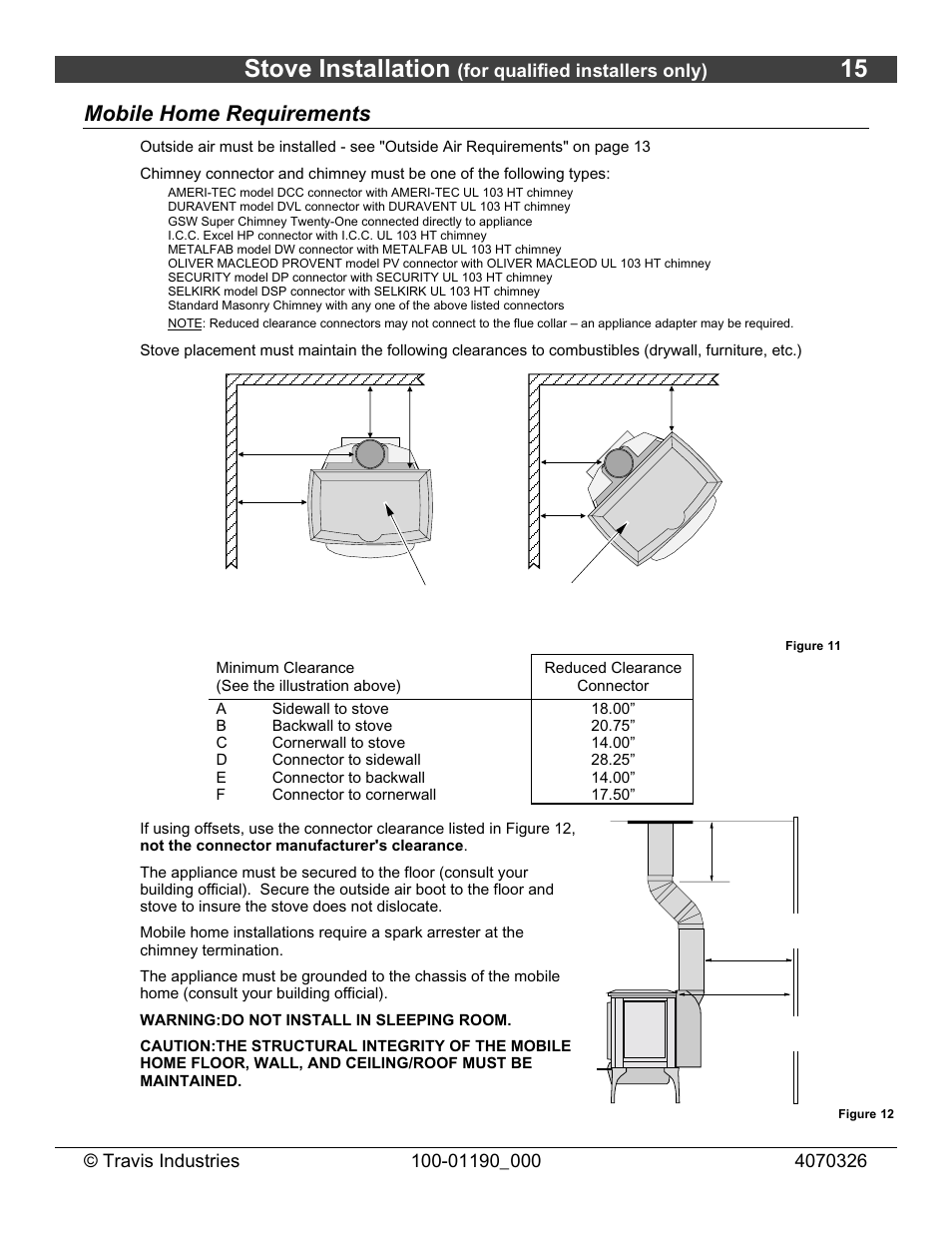 Stove installation, Mobile home requirements | Avalon Stoves Arbor User Manual | Page 15 / 38