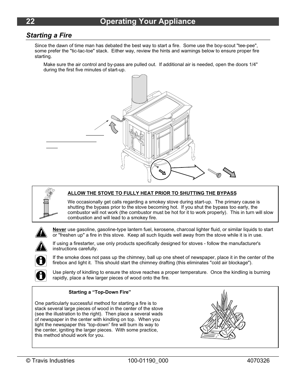 22 operating your appliance, Starting a fire | Avalon Stoves Arbor User Manual | Page 22 / 38