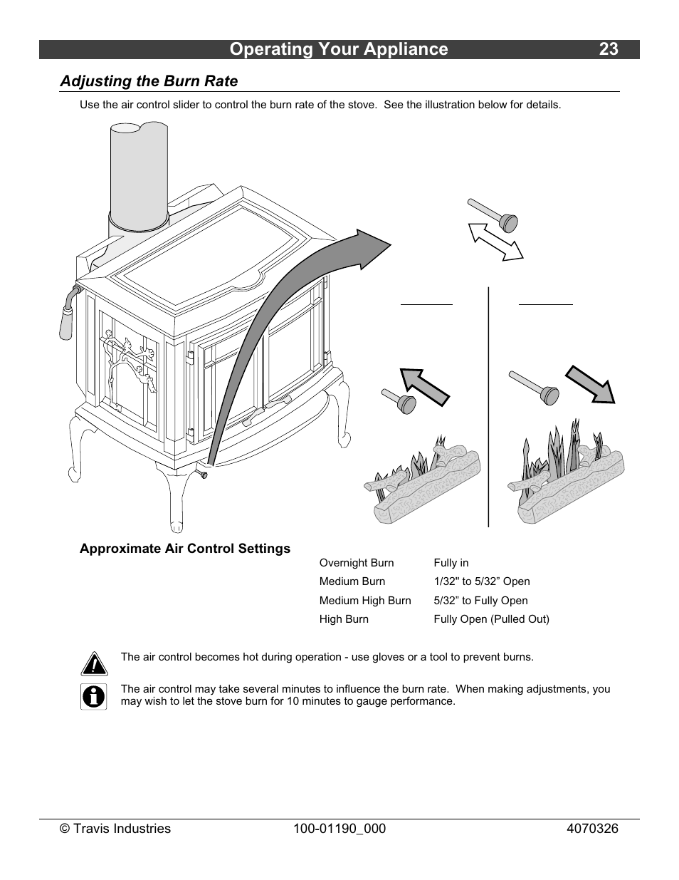 Operating your appliance 23, Adjusting the burn rate | Avalon Stoves Arbor User Manual | Page 23 / 38