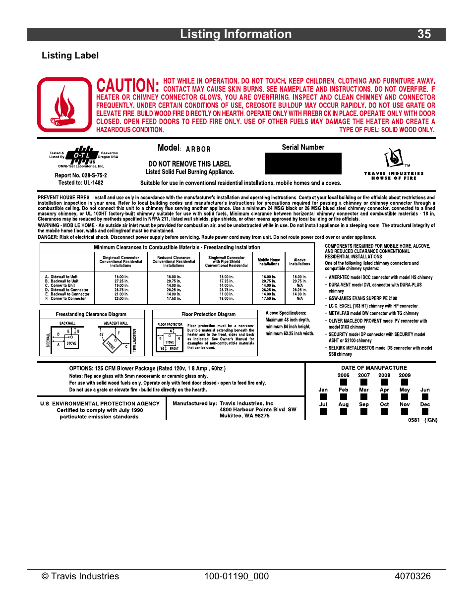 Listing information 35 | Avalon Stoves Arbor User Manual | Page 35 / 38