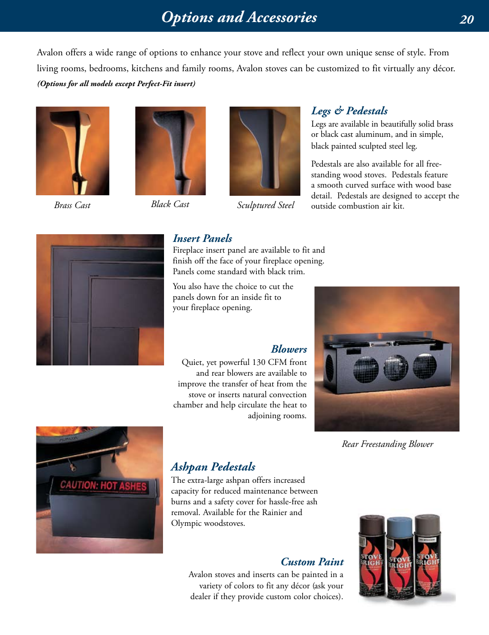 Options and accessories, How our avalon wood stoves work, Ashpan pedestals | Avalon Stoves Wood Burning Stove & Insert User Manual | Page 21 / 24