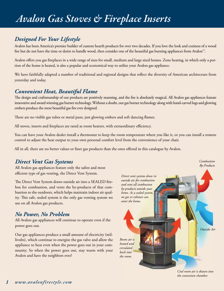 Avalon gas stoves & fireplace inserts, Designed for your lifestyle, Convenient heat, beautiful flame | Direct vent gas systems, No power, no problem | Avalon Stoves Gas Stove & Fireplace User Manual | Page 2 / 24