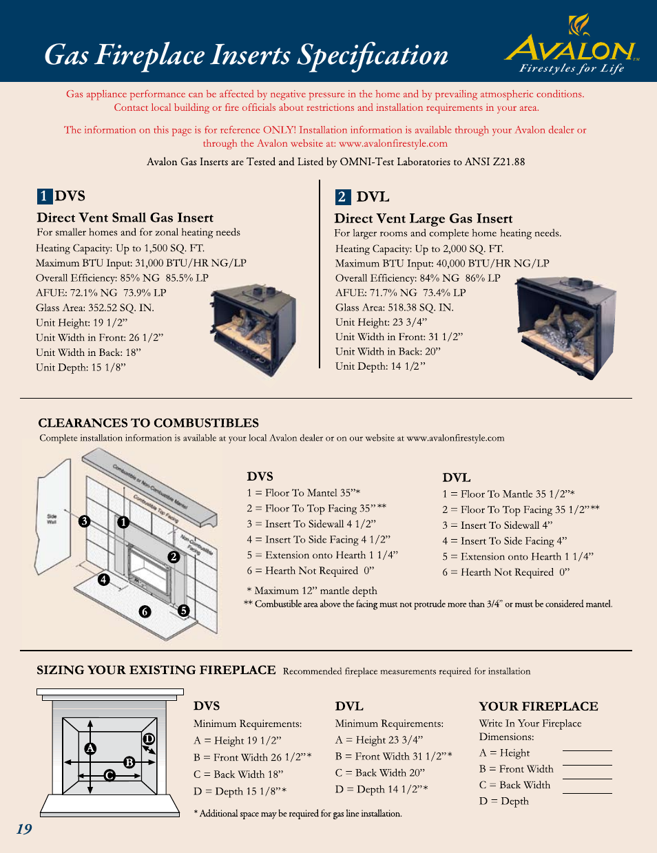 Gas fireplace inserts specification | Avalon Stoves Gas Stove & Fireplace User Manual | Page 20 / 24