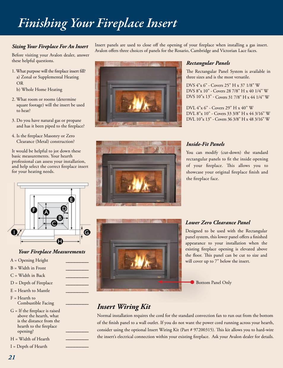 Finishing your fireplace insert, Insert wiring kit | Avalon Stoves Gas Stove & Fireplace User Manual | Page 22 / 24