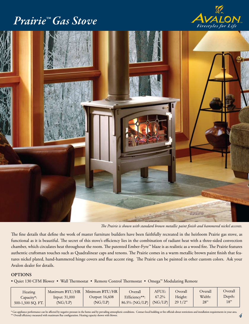 Prairie™ gas stove | Avalon Stoves Gas Stove & Fireplace User Manual | Page 5 / 24