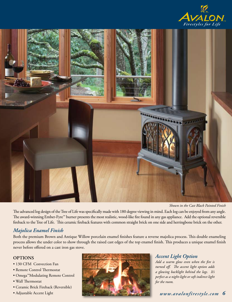 Majolica enamel finish, Accent light option | Avalon Stoves Gas Stove & Fireplace User Manual | Page 7 / 24