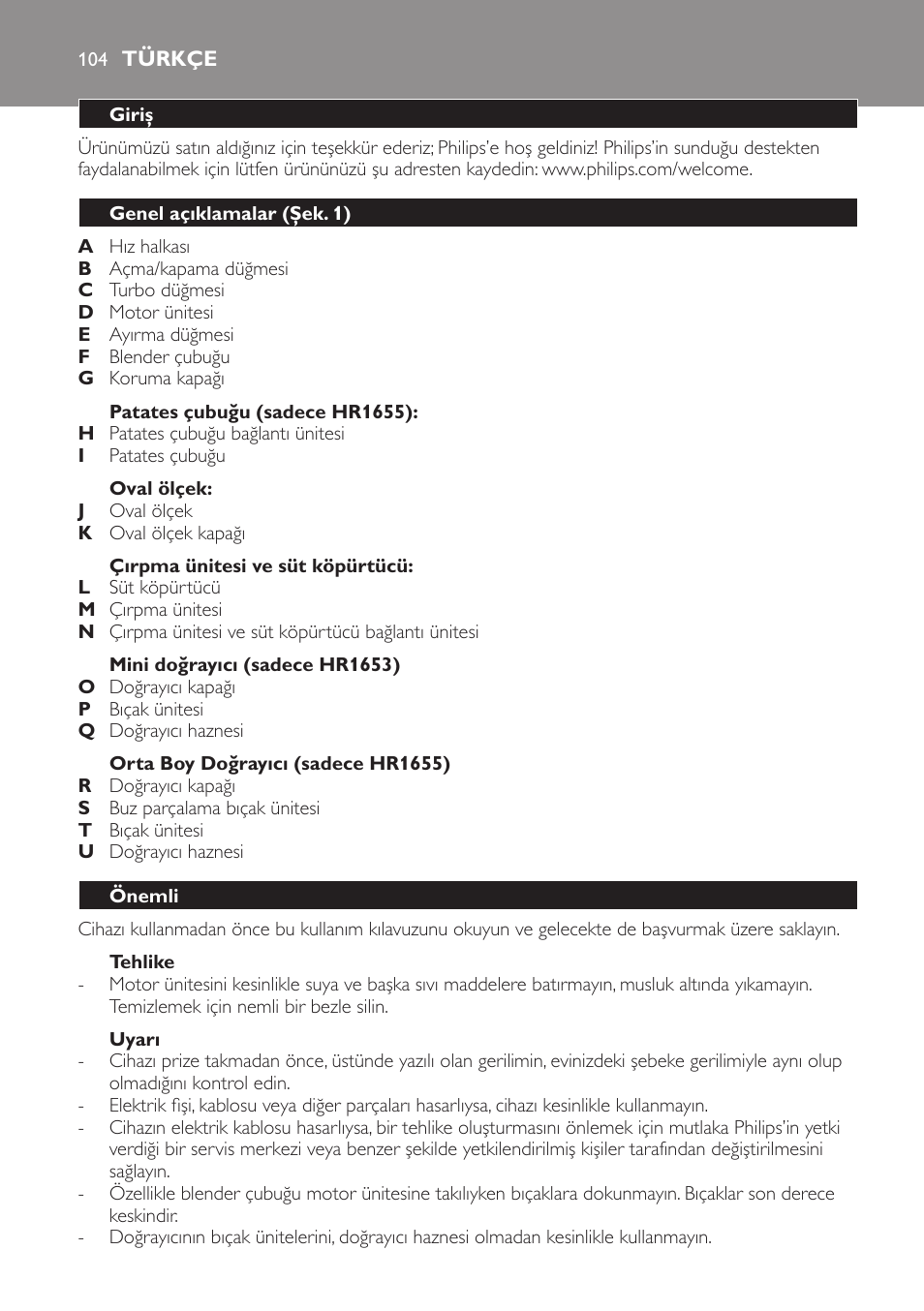 Türkçe, Ürkçe 10 | Philips Avance Collection Stabmixer User Manual | Page 104 / 136