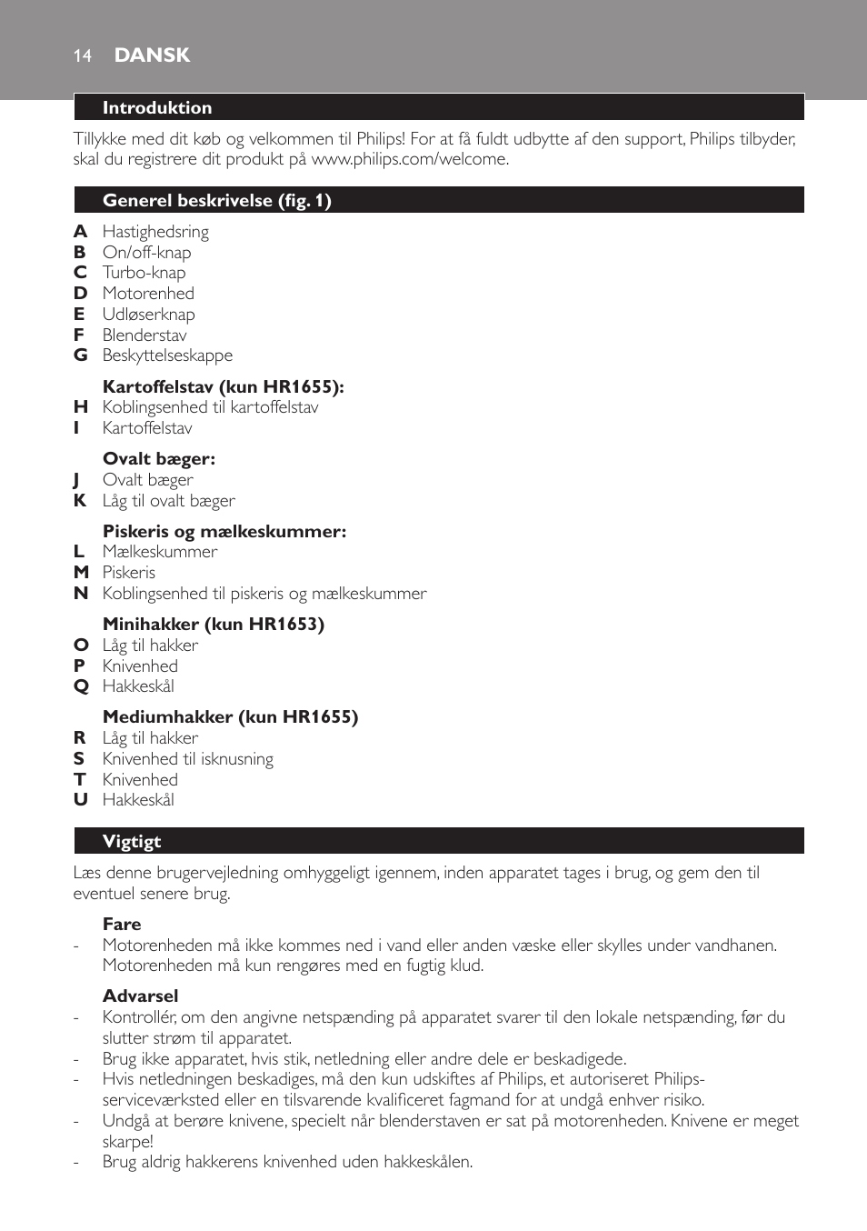 Dansk | Philips Avance Collection Stabmixer User Manual | Page 14 / 136