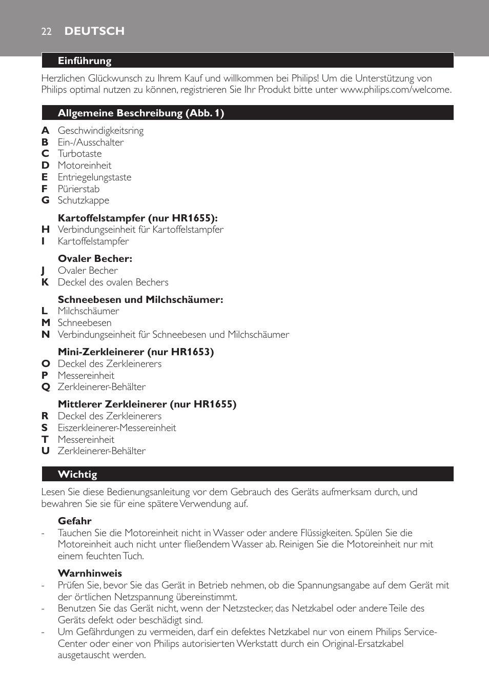 Deutsch, Deutsch 22 | Philips Avance Collection Stabmixer User Manual | Page 22 / 136