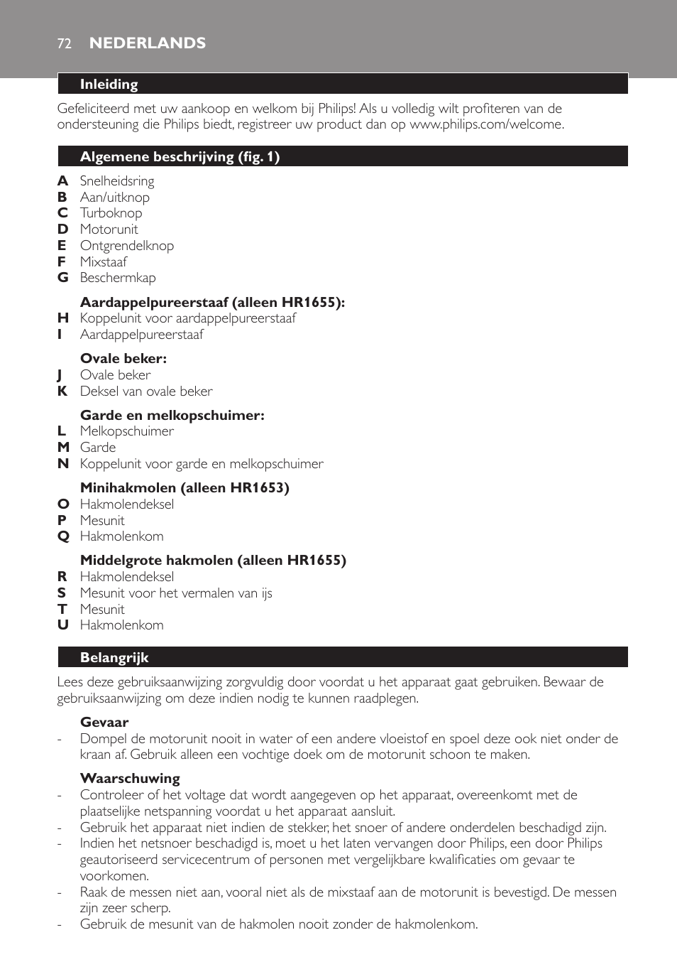 Nederlands, Nederlands 7 | Philips Avance Collection Stabmixer User Manual | Page 72 / 136