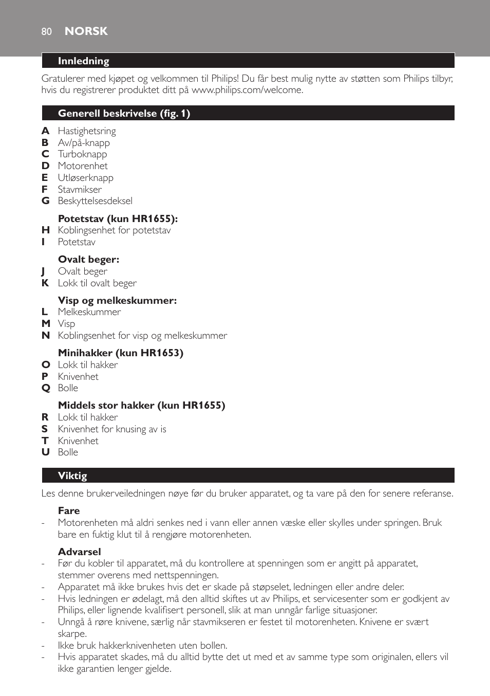 Norsk, Norsk 80 português | Philips Avance Collection Stabmixer User Manual | Page 80 / 136