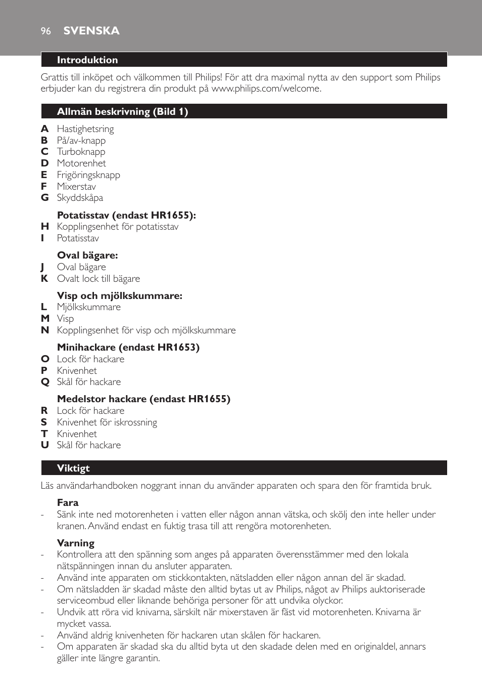 Svenska, Svenska 96 | Philips Avance Collection Stabmixer User Manual | Page 96 / 136