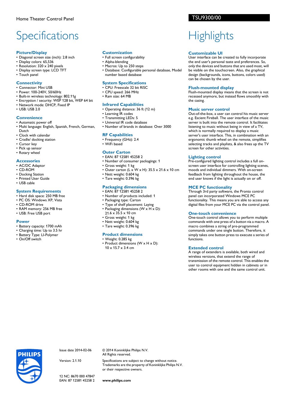 Specifications, Highlights | Philips Pronto Home Entertainment-Benutzeroberfläche User Manual | Page 2 / 2