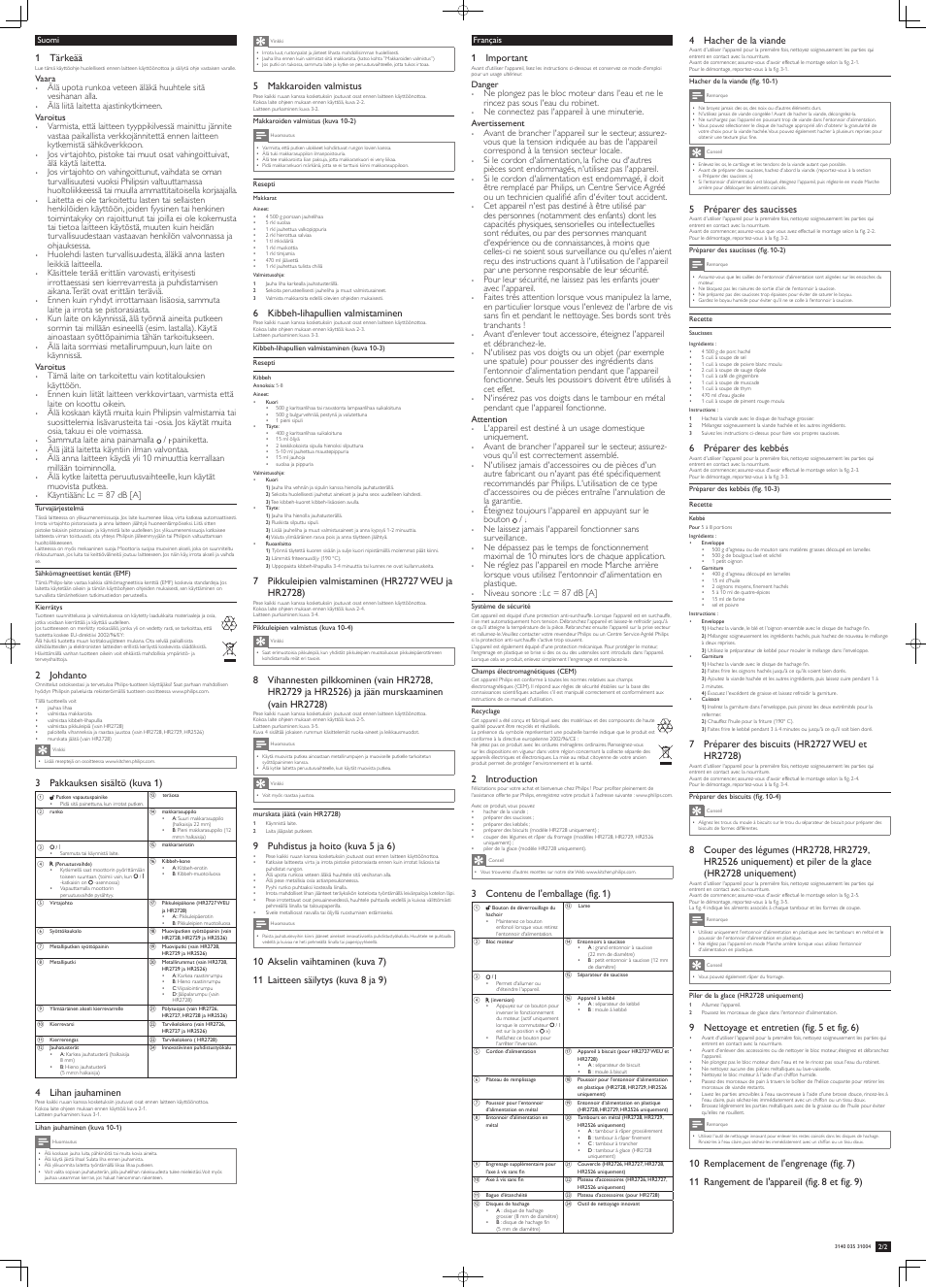 1 tärkeää, 2 johdanto, 3 pakkauksen sisältö (kuva 1) | 4 lihan jauhaminen, 5 makkaroiden valmistus, 6 kibbeh-lihapullien valmistaminen, 9 puhdistus ja hoito (kuva 5 ja 6), 1 important, 2 introduction, 3 contenu de l'emballage (fig. 1) | Philips Viva Collection Fleischwolf User Manual | Page 3 / 4